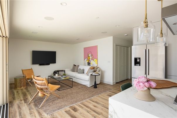 Interior, Living room, Recessed Lighting, Stainless Steel Appliances, Wood Texture Flooring
