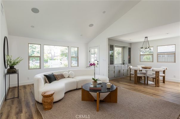 Dining room, Interior, Living room, Pendant Lights, Recessed Lighting, Wood Texture Flooring