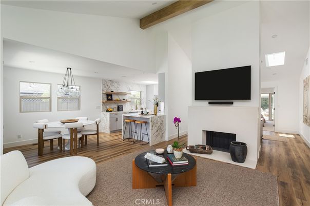 Dining room, Fireplace, Interior, Kitchen, Living room, Pendant Lights, Recessed Lighting, Wooden Beams, Wood Texture Flooring