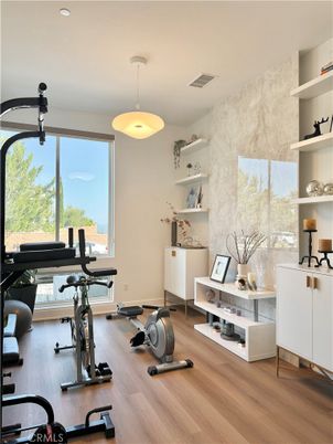 Fitness Equipment, Interior, Pendant Lights, Wood Texture Flooring