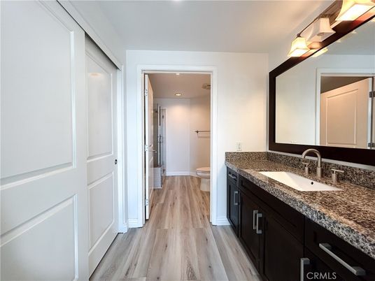 Bathroom, Dual Sink Vanities, Interior, Recessed Lighting, Wood Texture Flooring