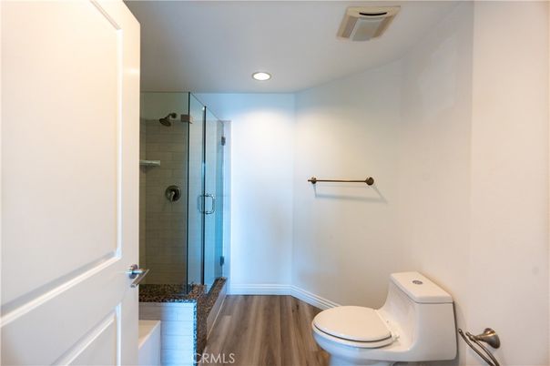 Bathroom, Glass Shower, Interior, Recessed Lighting, Wood Texture Flooring