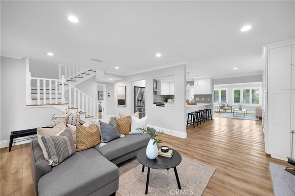 Dining room, Interior, Kitchen, Living room, Pendant Lights, Recessed Lighting, Stainless Steel Appliances, Wood Texture Flooring