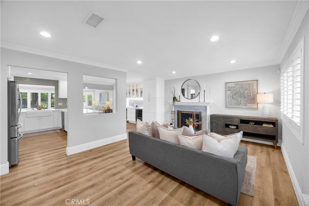 Fireplace, Interior, Living room, Recessed Lighting, Wood Texture Flooring