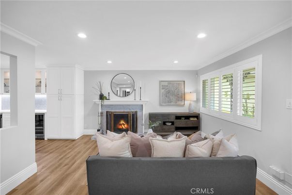 Fireplace, Interior, Living room, Recessed Lighting, Wood Texture Flooring