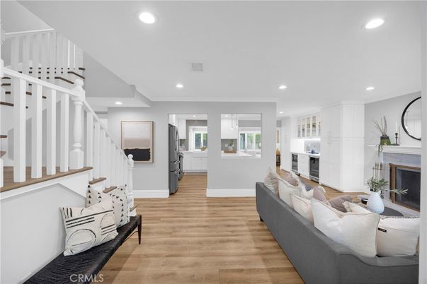 Fireplace, Interior, Recessed Lighting, Wood Texture Flooring