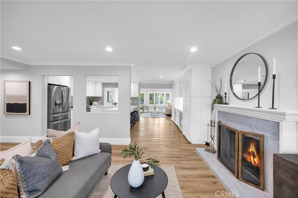 Fireplace, Interior, Kitchen, Living room, Recessed Lighting, Wood Texture Flooring