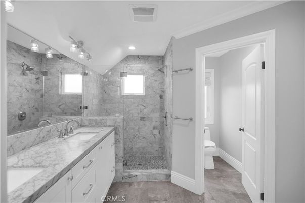 Bathroom, Dual Sink Vanities, Glass Shower, Interior, Marble Walls, Recessed Lighting