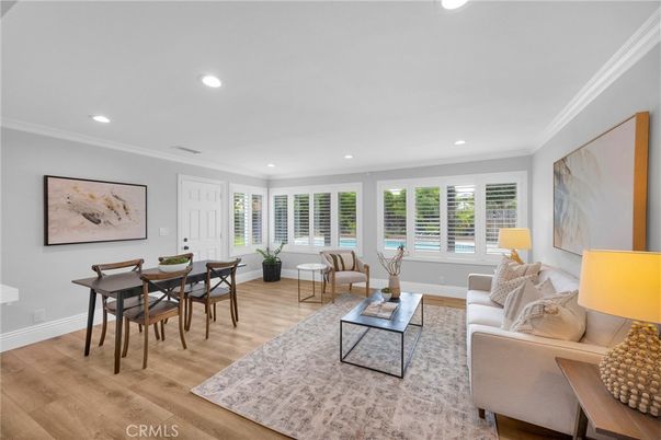Dining room, Interior, Living room, Recessed Lighting, Wood Texture Flooring