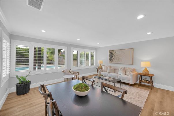 Dining room, Interior, Living room, Recessed Lighting, Wood Texture Flooring
