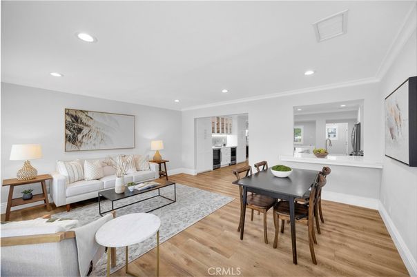 Dining room, Interior, Living room, Recessed Lighting, Wood Texture Flooring