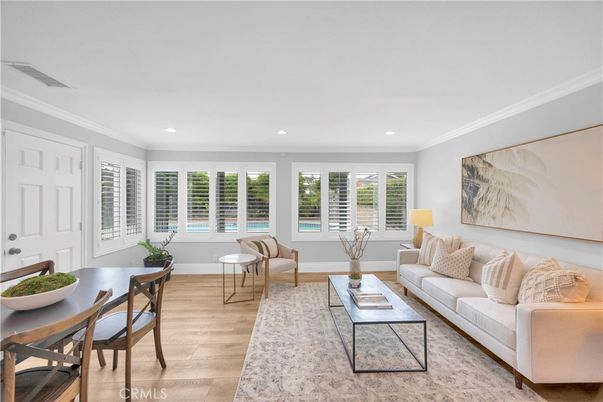 Dining room, Interior, Living room, Recessed Lighting, Wood Texture Flooring
