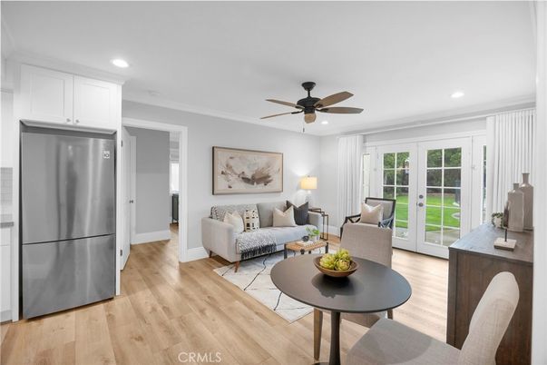 Interior, Kitchen, Living room, Recessed Lighting, Stainless Steel Appliances, Wood Texture Flooring