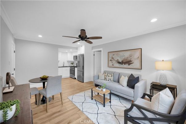 Dining room, Interior, Kitchen, Living room, Recessed Lighting, Stainless Steel Appliances, Wood Texture Flooring