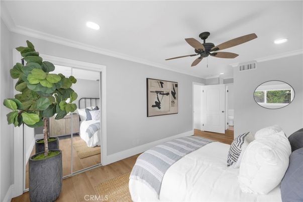 Bedroom, Interior, Recessed Lighting, Wood Texture Flooring