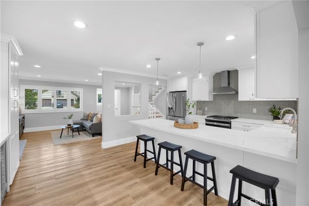 Interior, Kitchen, Pendant Lights, Recessed Lighting, Stainless Steel Appliances, Wood Texture Flooring
