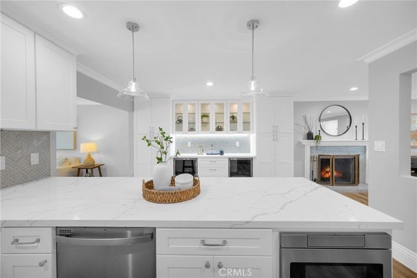 Fireplace, Interior, Kitchen, Pendant Lights, Recessed Lighting, Stainless Steel Appliances