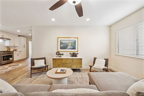 Interior, Kitchen, Living room, Recessed Lighting, Stainless Steel Appliances, Wood Texture Flooring