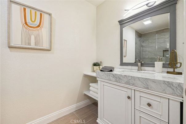 Bathroom, Glass Shower, Interior, Recessed Lighting, Wood Texture Flooring