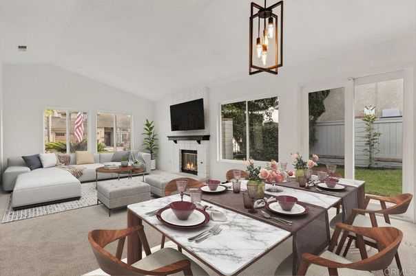 Dining room, Fireplace, Interior, Living room, Pendant Lights