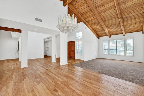 Chandelier, Empty room, Interior, Recessed Lighting, Wooden Beams, Wooden Ceilings, Wood Texture Flooring