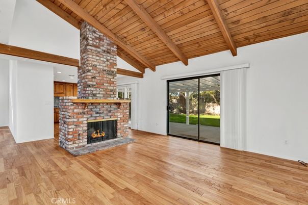 Empty room, Fireplace, Interior, Recessed Lighting, Wooden Beams, Wooden Ceilings, Wood Texture Flooring