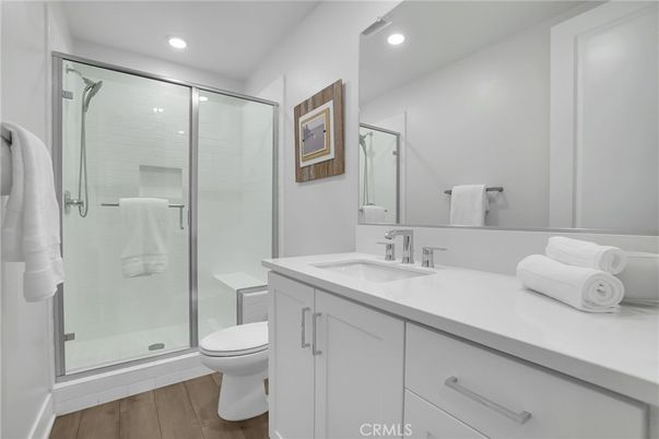 Bathroom, Glass Shower, Interior, Recessed Lighting, Wood Texture Flooring