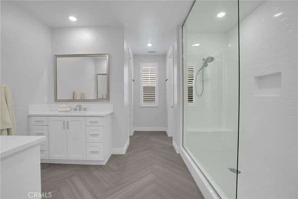 Bathroom, Interior, Recessed Lighting, Wood Texture Flooring