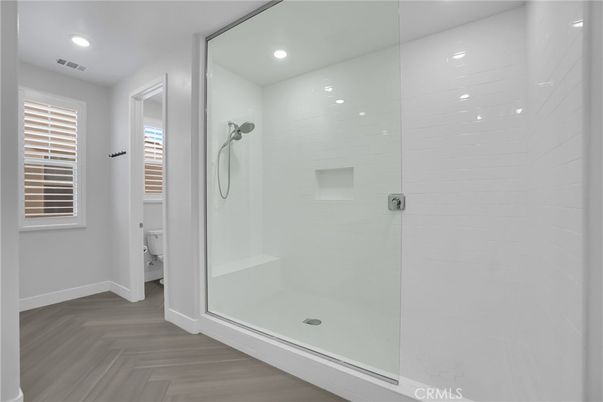 Bathroom, Glass Shower, Interior, Recessed Lighting, Wood Texture Flooring