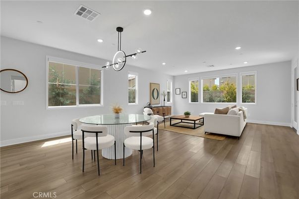 Dining room, Interior, Living room, Pendant Lights, Recessed Lighting, Wood Texture Flooring