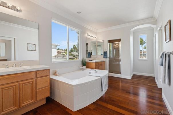Bathroom, Dual Sink Vanities, Interior, Recessed Lighting, Wood Texture Flooring