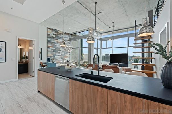 Interior, Kitchen, Pendant Lights, Stainless Steel Appliances, Stone Walls, Wood Texture Flooring