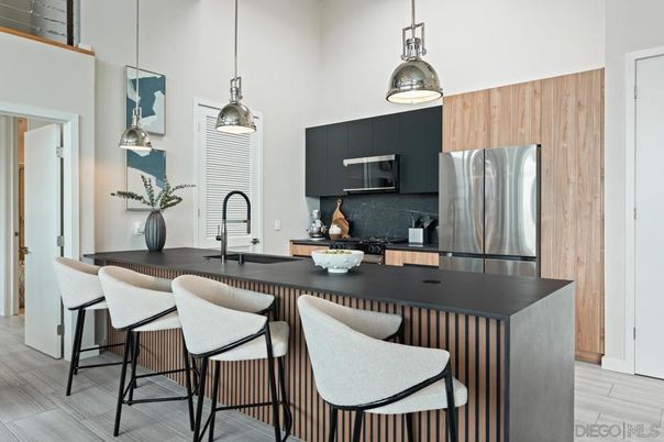 Interior, Kitchen, Pendant Lights, Stainless Steel Appliances, Wood Texture Flooring