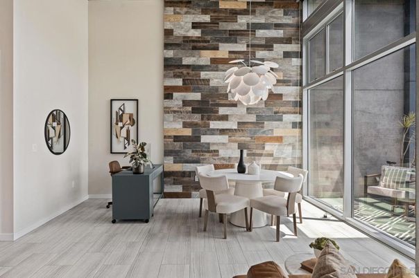 Dining room, Interior, Pendant Lights, Stone Walls, Wood Texture Flooring
