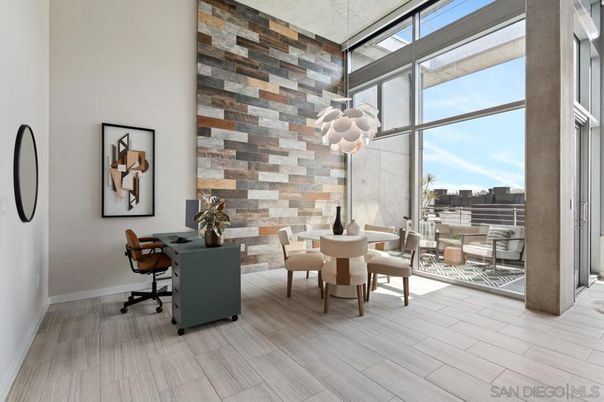 Home Office, Interior, Pendant Lights, Stone Walls, Wood Texture Flooring