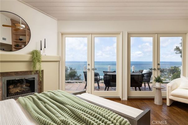 Bedroom, Fireplace, Interior, Water, Wood Texture Flooring