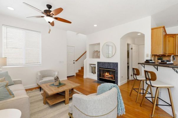 Fireplace, Interior, Kitchen, Living room, Recessed Lighting, Wood Texture Flooring