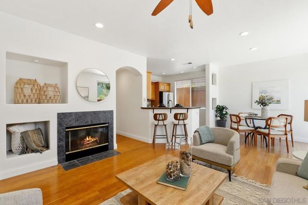 Dining room, Fireplace, Interior, Kitchen, Living room, Recessed Lighting, Wood Texture Flooring