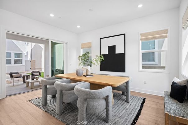 Dining room, Interior, Living room, Recessed Lighting, Wood Texture Flooring