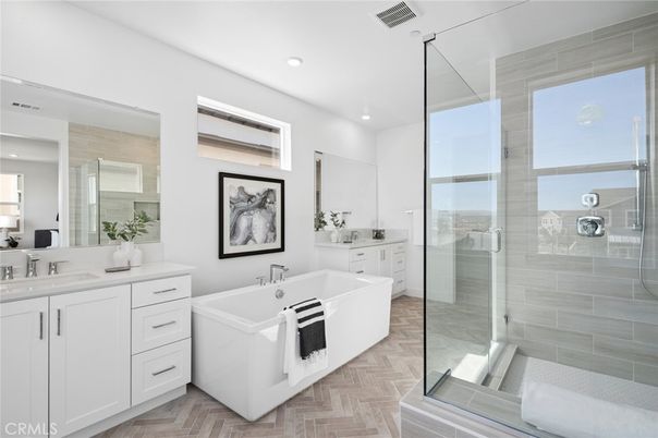 Bathroom, Dual Sink Vanities, Free Standing Baths, Glass Shower, Interior, Recessed Lighting, Wood Texture Flooring