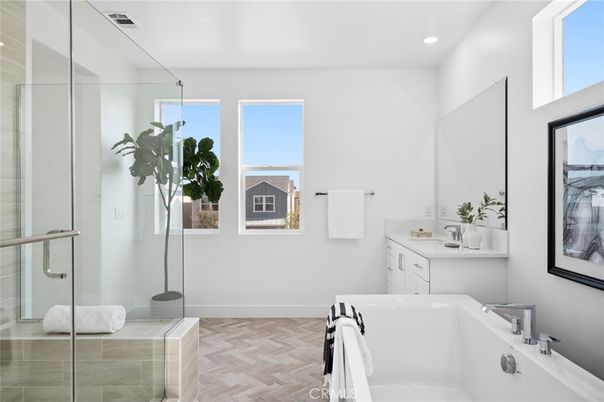 Bathroom, Glass Shower, Interior, Recessed Lighting, Wood Texture Flooring