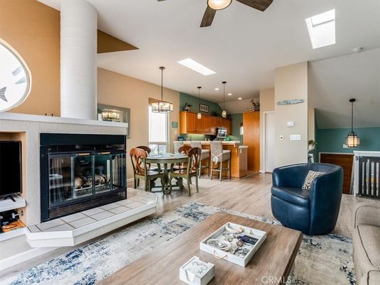 Dining room, Fireplace, Interior, Kitchen, Living room, Pendant Lights, Recessed Lighting, Wood Texture Flooring