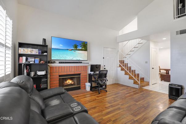 Fireplace, Home Office, Interior, Living room, Recessed Lighting, Wood Texture Flooring
