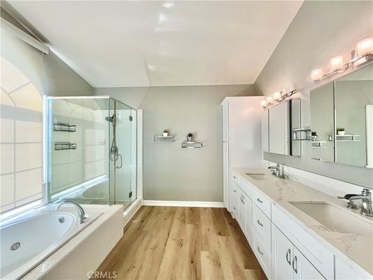 Bathroom, Dual Sink Vanities, Glass Shower, Interior, Wood Texture Flooring