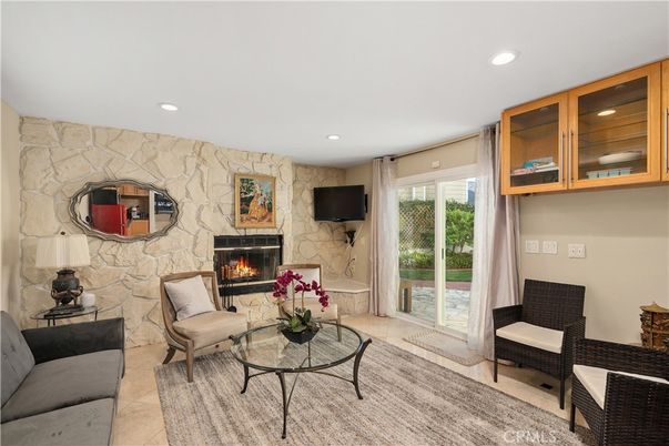 Fireplace, Interior, Living room, Recessed Lighting, Stone Walls