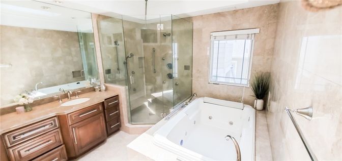 Bathroom, Dual Sink Vanities, Glass Shower, Interior, Recessed Lighting