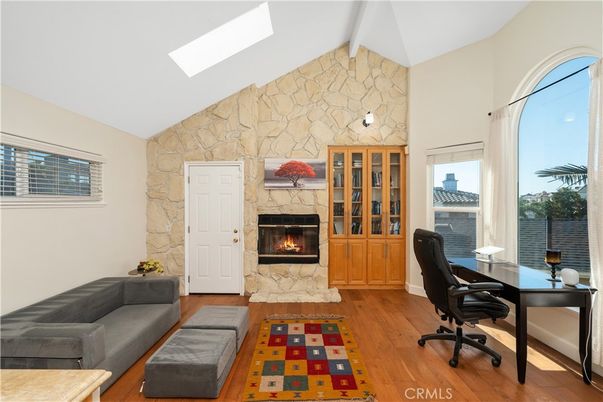 Fireplace, Home Office, Interior, Stone Walls, Wood Texture Flooring