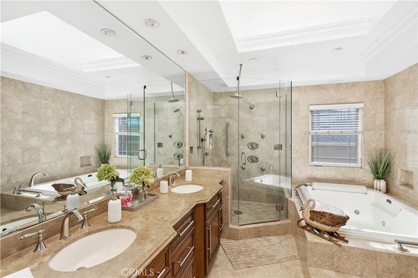 Bathroom, Dual Sink Vanities, Glass Shower, Interior, Recessed Lighting