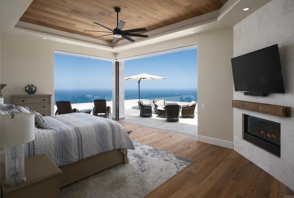 Bedroom, Fireplace, Interior, Recessed Lighting, Water, Wooden Ceilings, Wood Texture Flooring