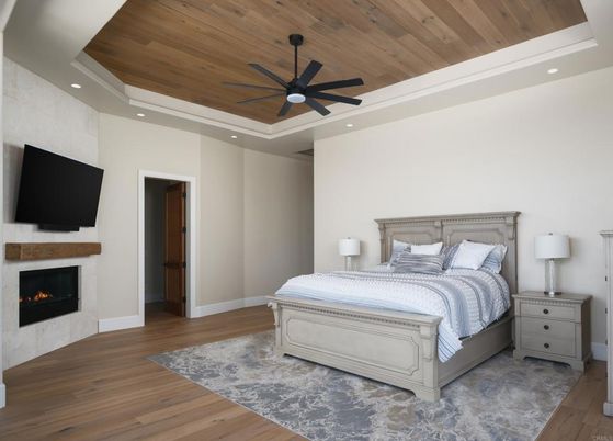 Bedroom, Fireplace, Interior, Recessed Lighting, Wooden Ceilings, Wood Texture Flooring